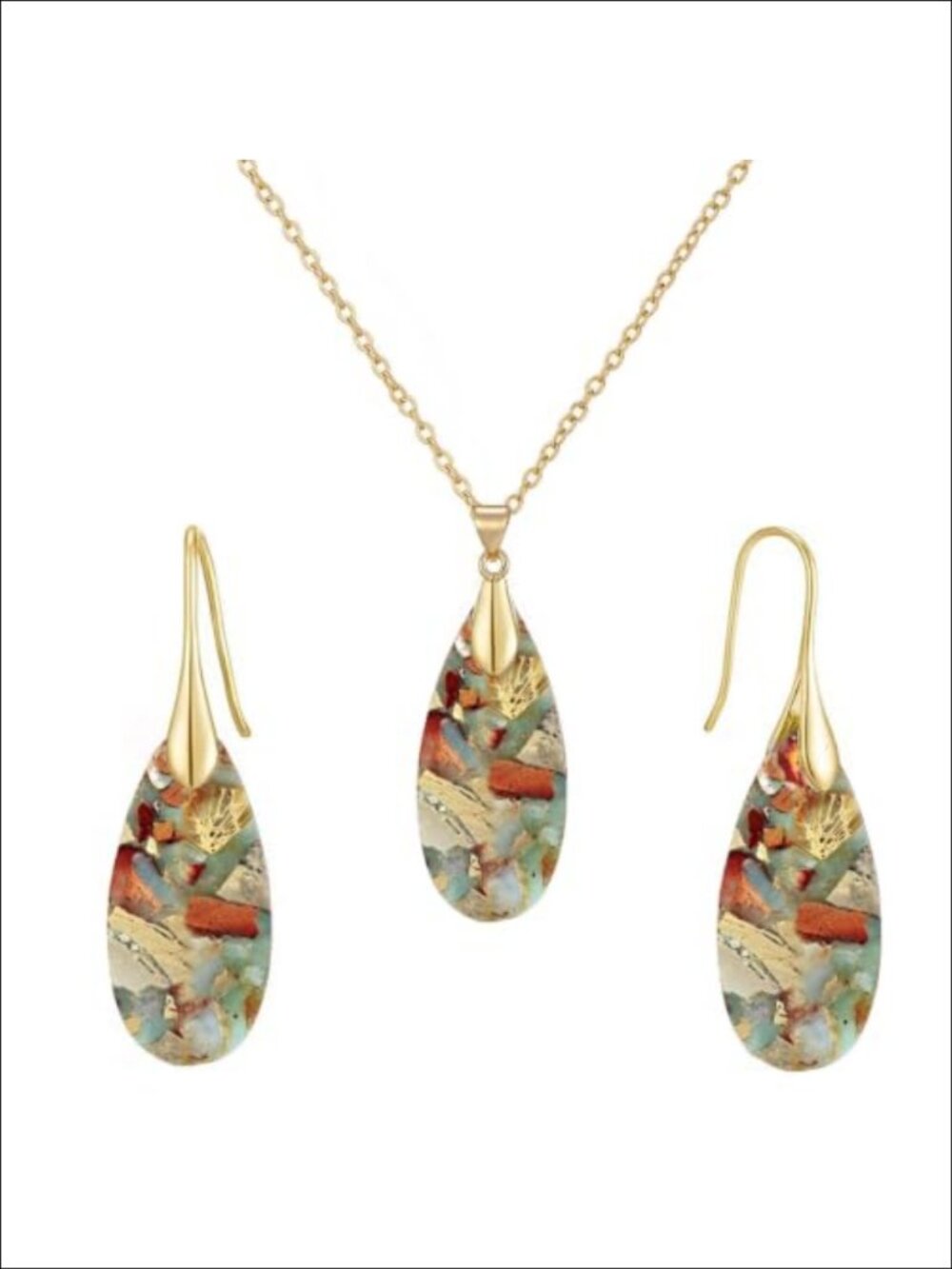 Natural Stone Gold Teardrop Pendant Necklace & Dangle Earrings Set Boho